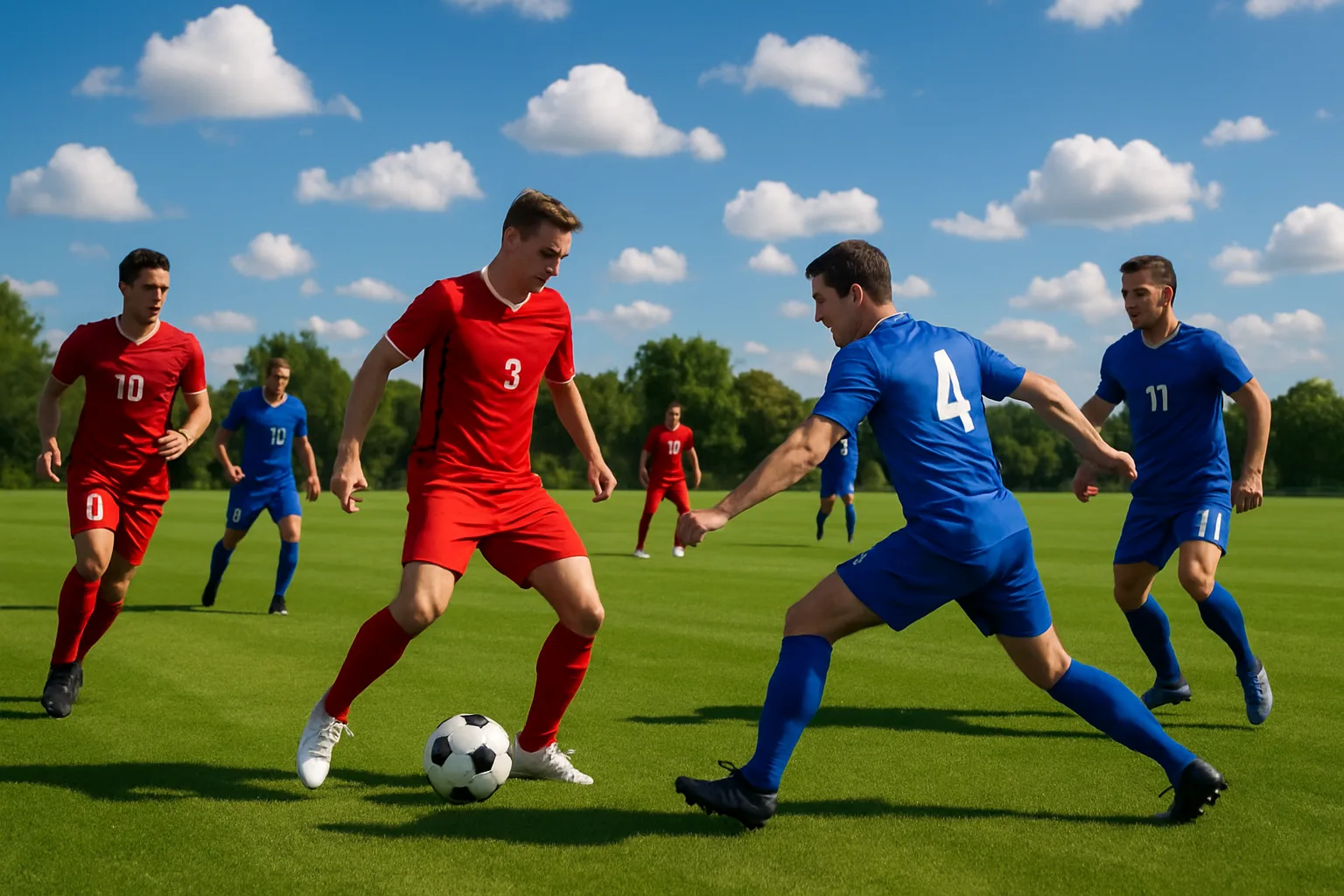 Soccer Match on a Green Field with Players