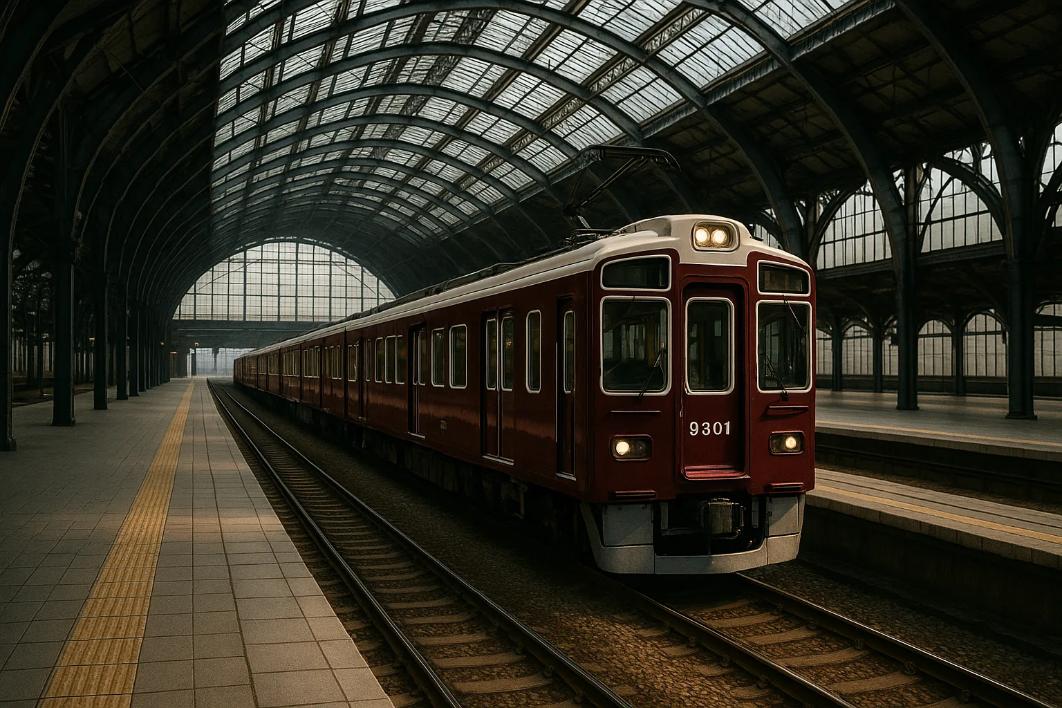 Maroon-colored Train Pulling into the Station