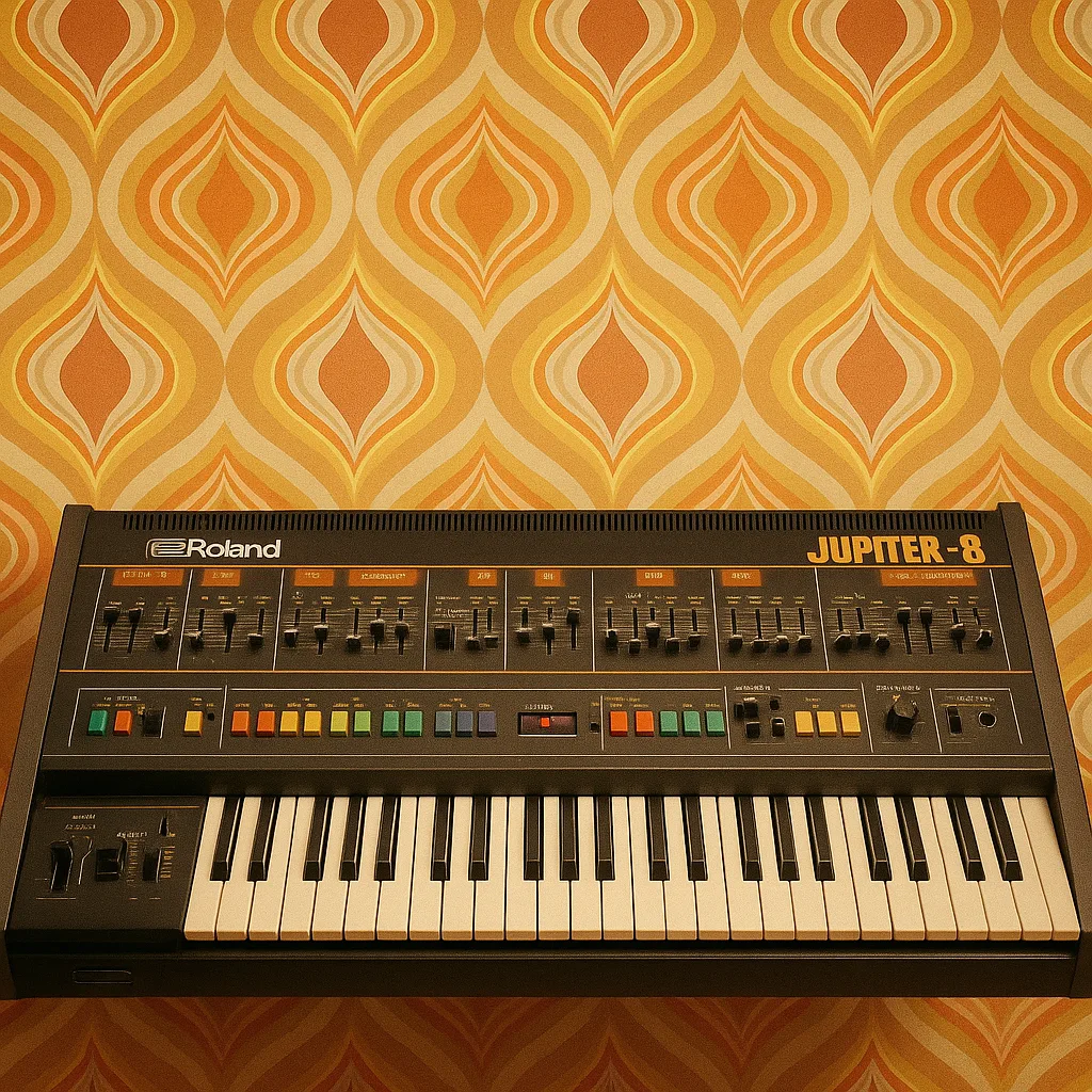Vintage Roland Jupiter-8 Synthesizer with Colorful Buttons and Sliders