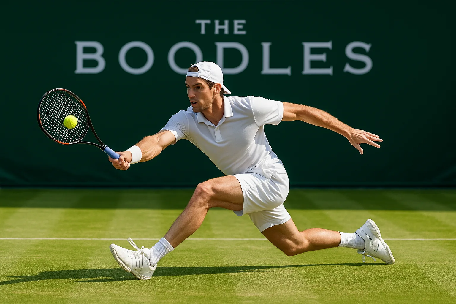 Tennis Player in White Attire Lunges on a Grass Court