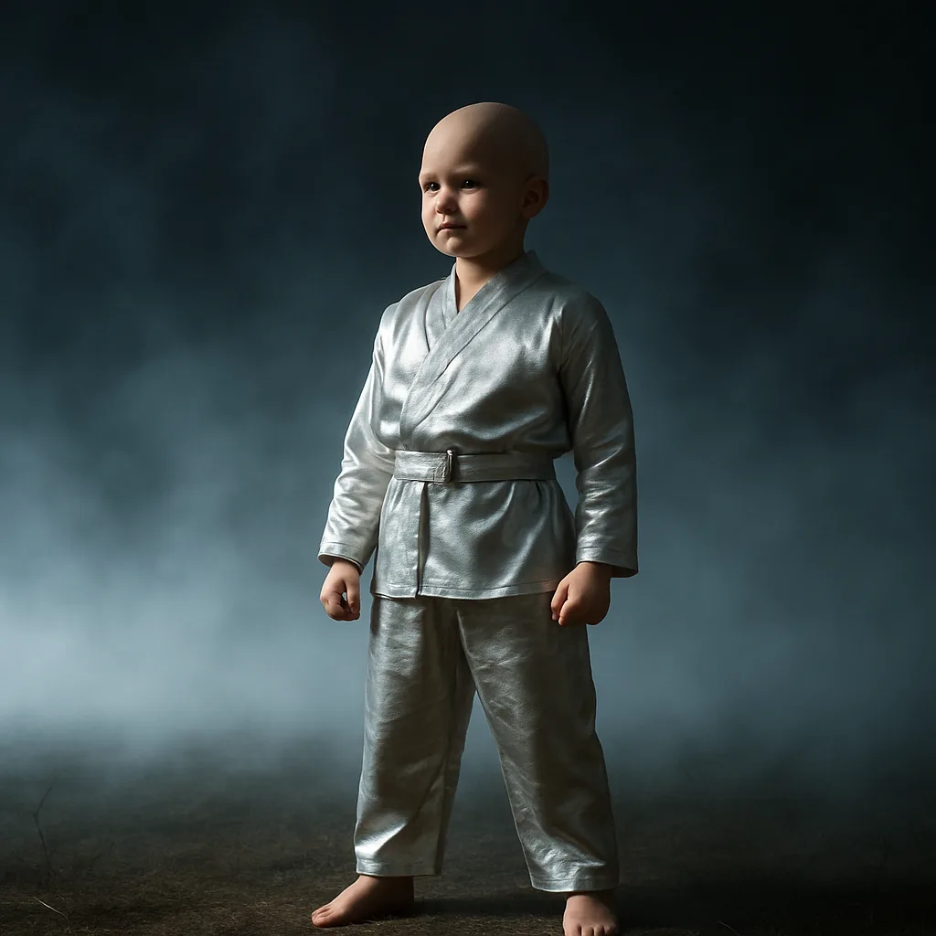 Bald Child Exuding a Champion's Poise in Shimmering Silken Attire