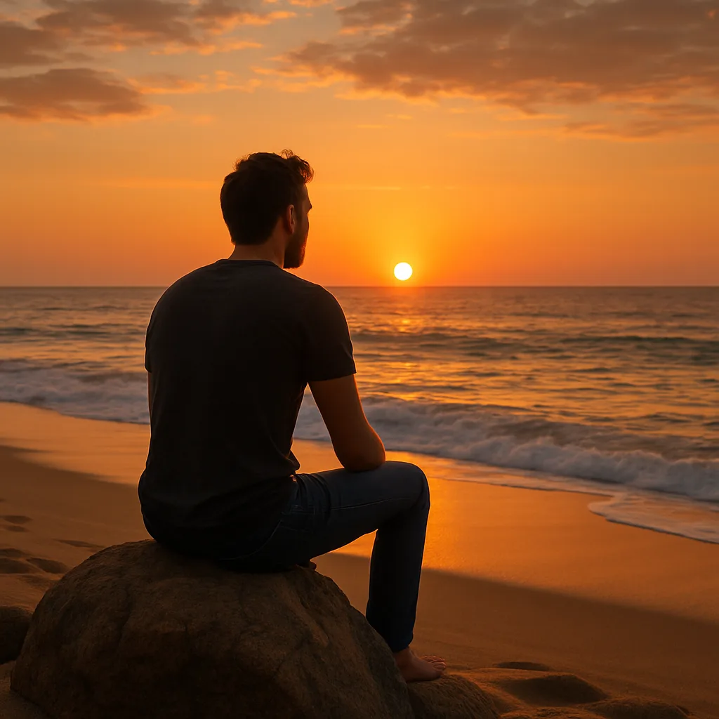 Man Perched on a Rock by the Shore