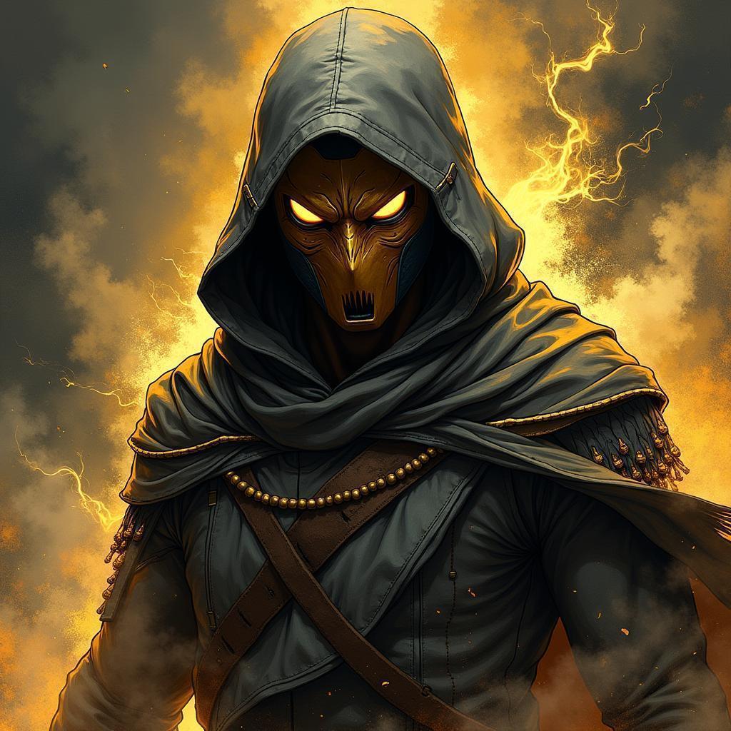 Gold Masked Figure Wreathed in Smoky Energy