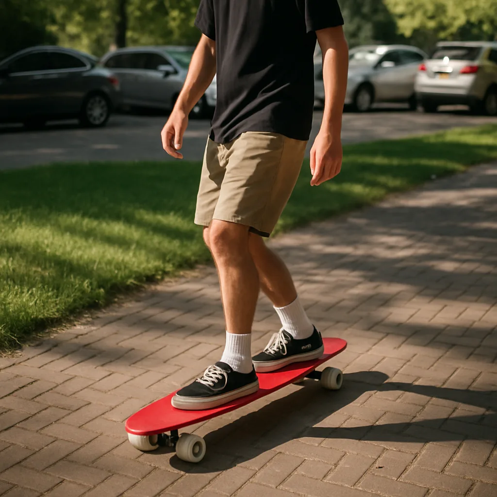 Person Riding a Red Longboard on a Shaded Brick Path