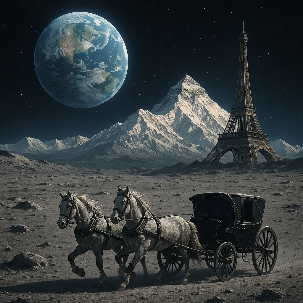 Team of Horses Hauling a Carriage Across the Lunar Terrain