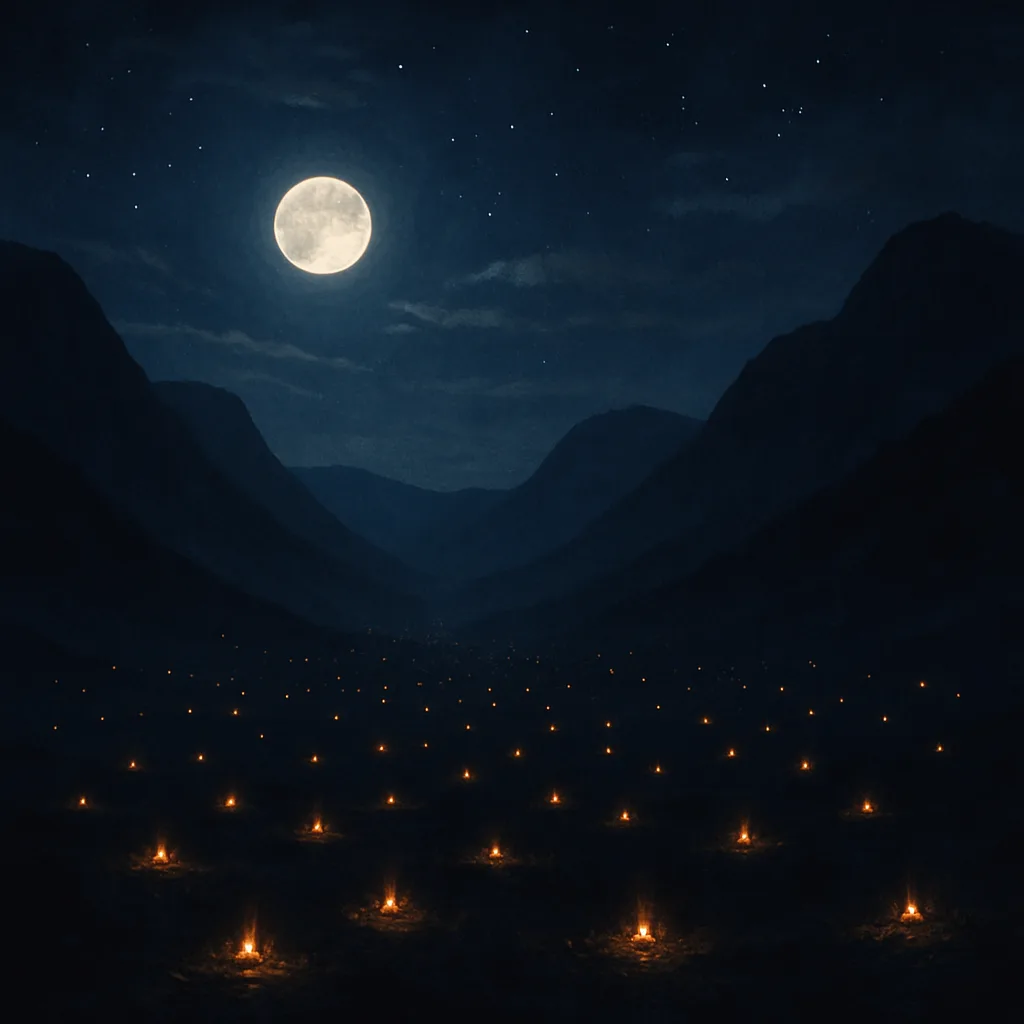 Numerous Tiny Campfires Flicker Like Scattered Stars Across a Vast