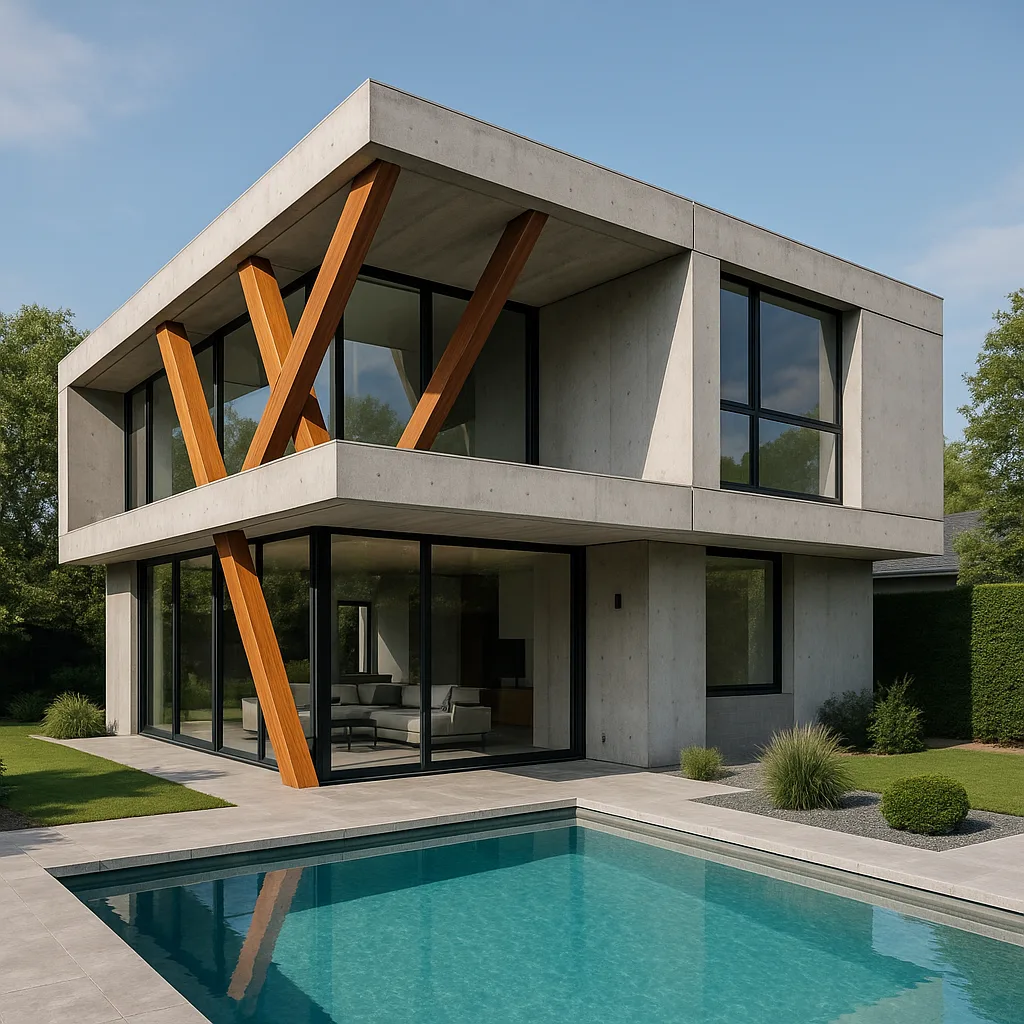 Modern Two-story Concrete House with Angled Wooden Beams