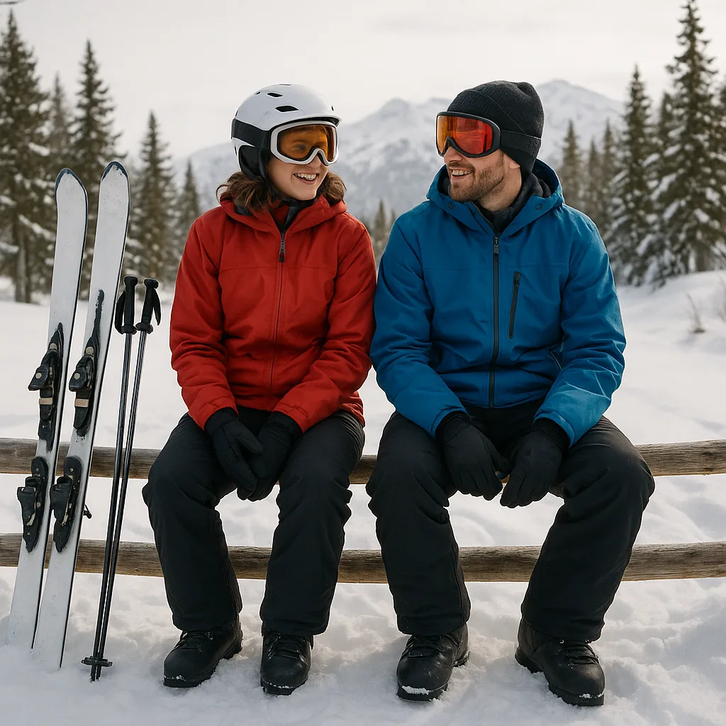 Two People Sitting on a Wooden Fence in a Snowy