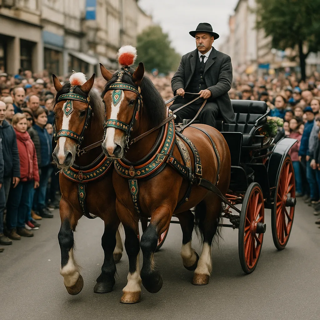 Horse-drawn Carriage with Two Decorated Horses Being Driven