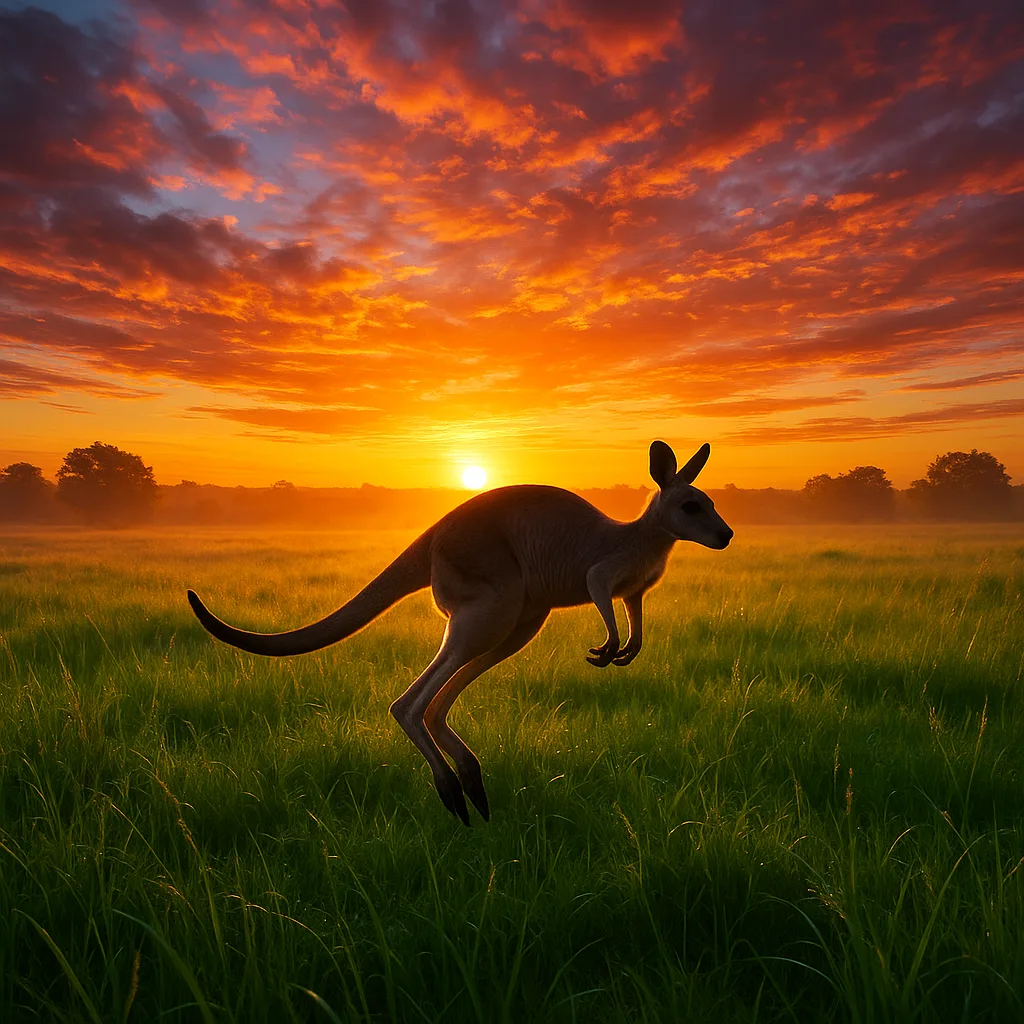 Kangaroo Leaping Through a Lush Meadow as the Sun Rises