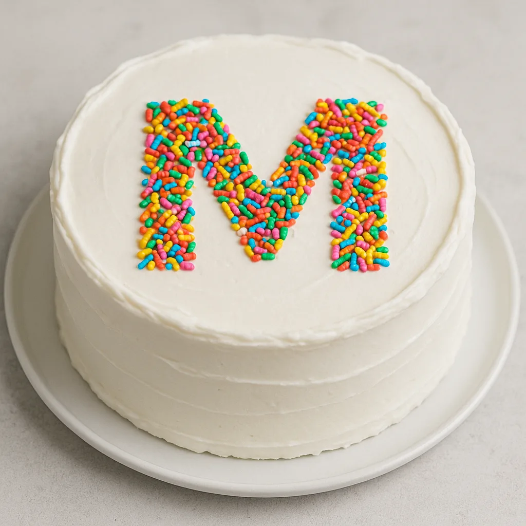 White Frosted Cake with a Stencil of the Letter "M"