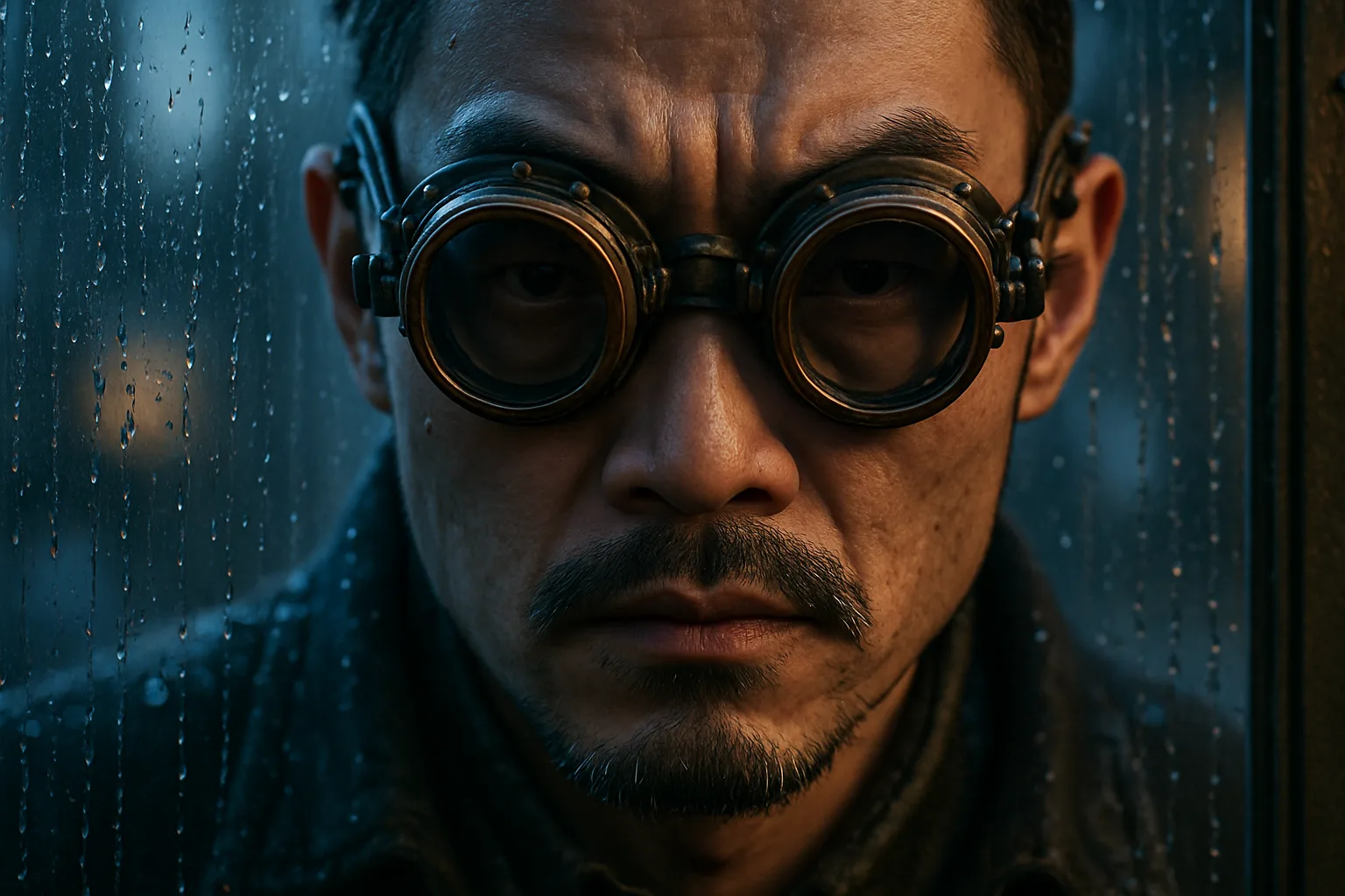 Infamous East Asian Figure's Intense Gaze Through Steampunk Goggles