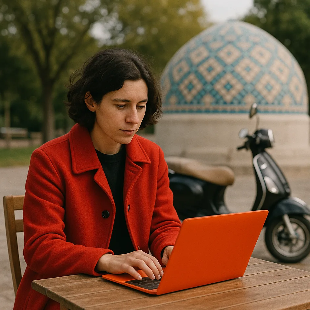 Person in a Red Coat Uses an Orange Portable Computer
