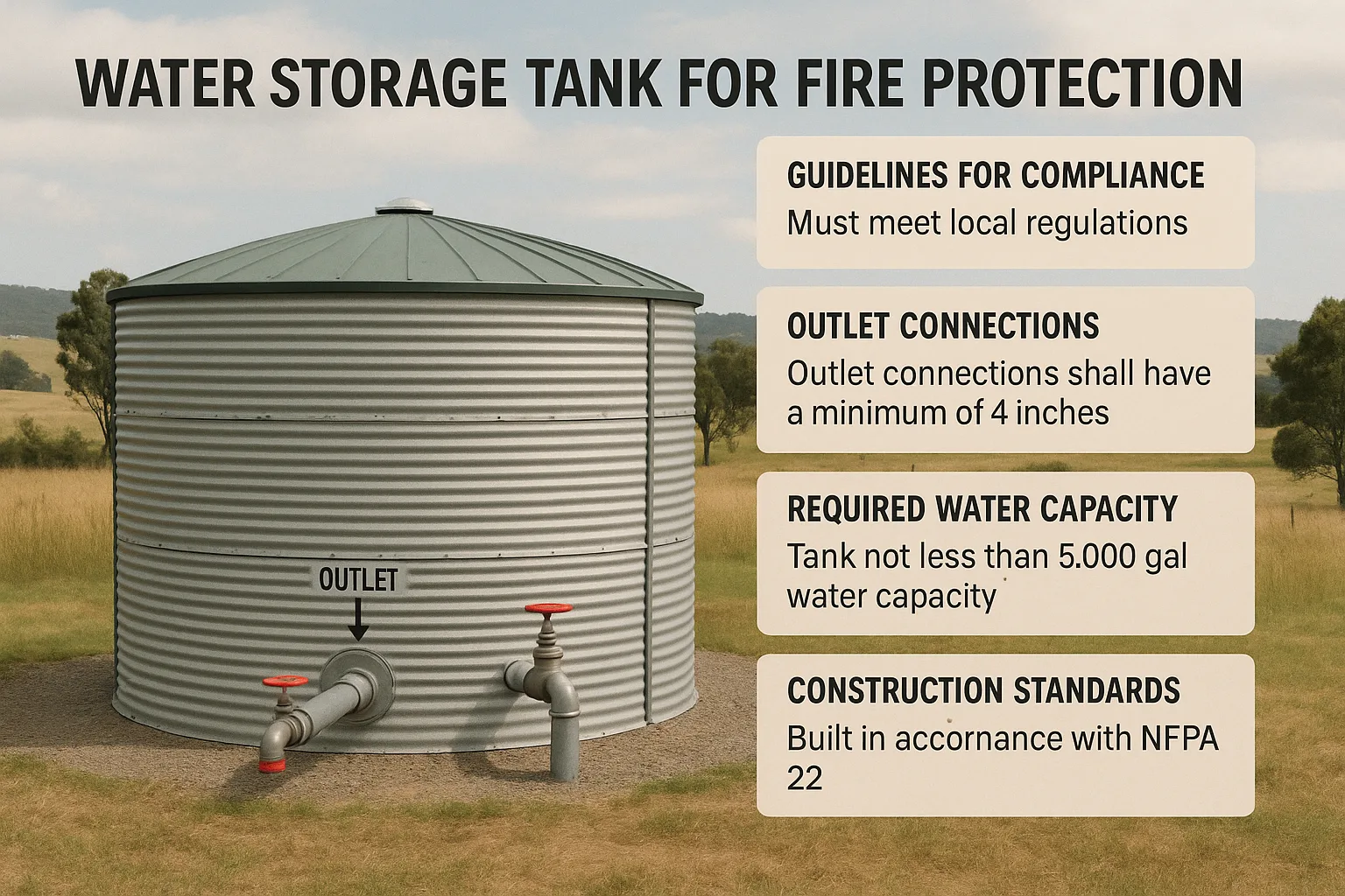 Metal Water Storage Tank Installed in a Rural Landscape