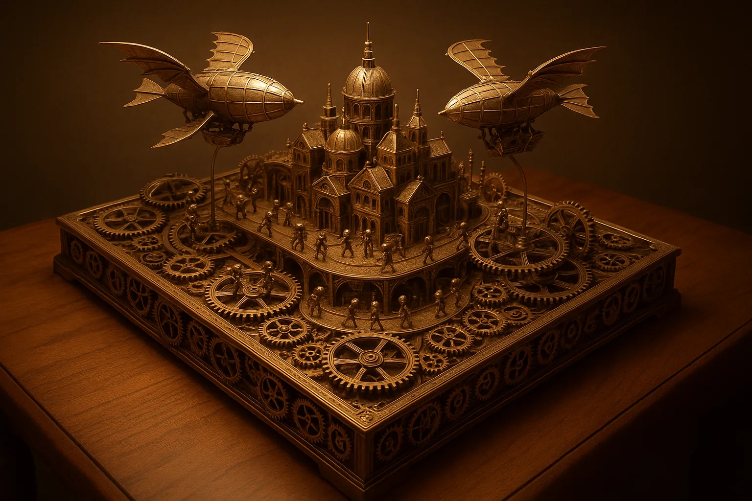 On a Polished Walnut Table Rests a Wide-format Mechanical Diorama