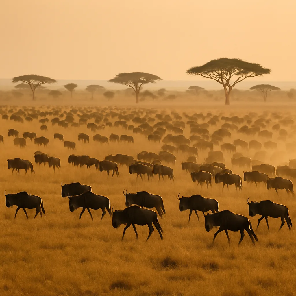 Vast Herd of Distant Wildebeest Kicks Up a Faint Dust