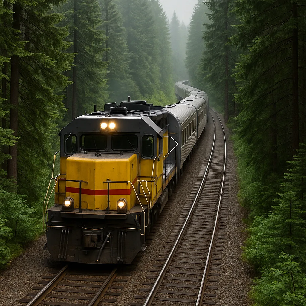 Train Powering Through a Dense Forest