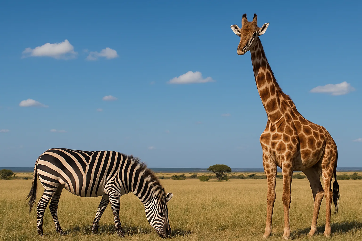 Giraffe and a Zebra Eating Grass Together on a Vast