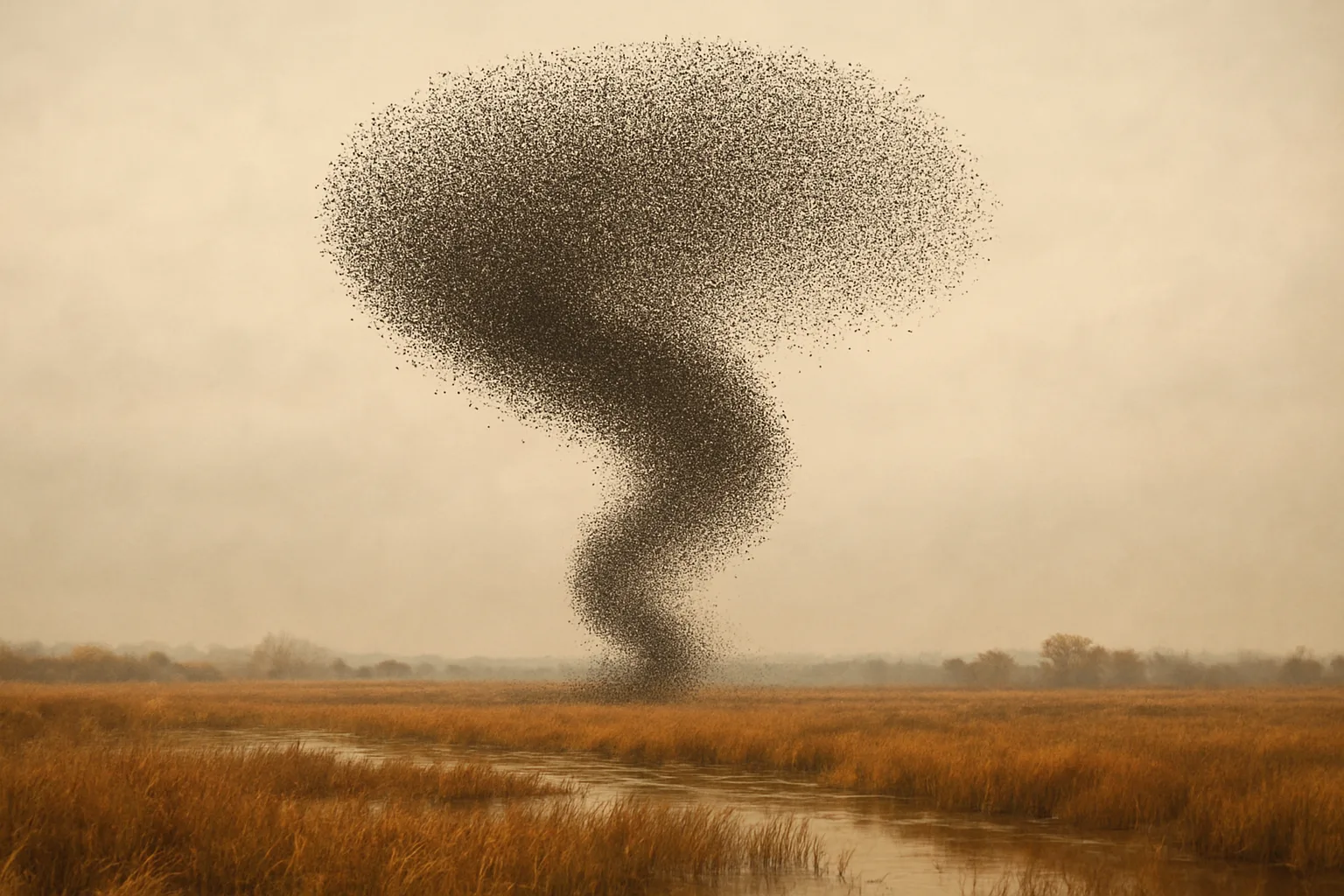 Vast Flock of Migratory Birds Forms a Swirling Vortex