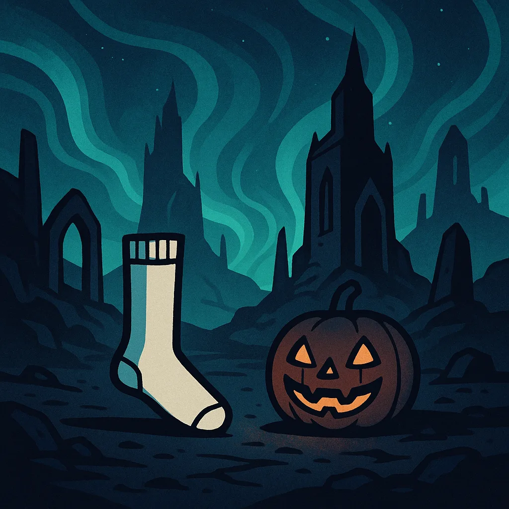 Starkly Outlined Sock and Jack-o'-lantern Rest Amidst Mystical Structures