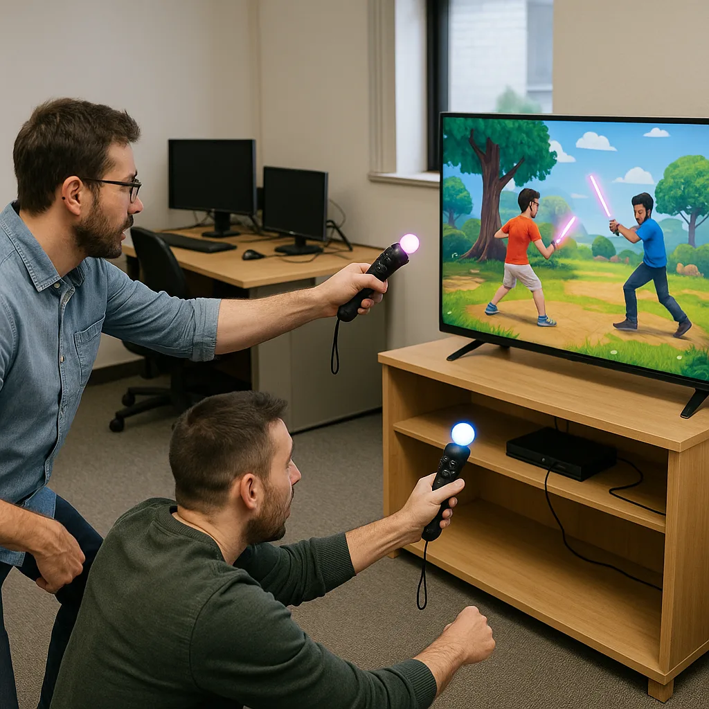 Two Men Playing a Video Game on a Large Screen
