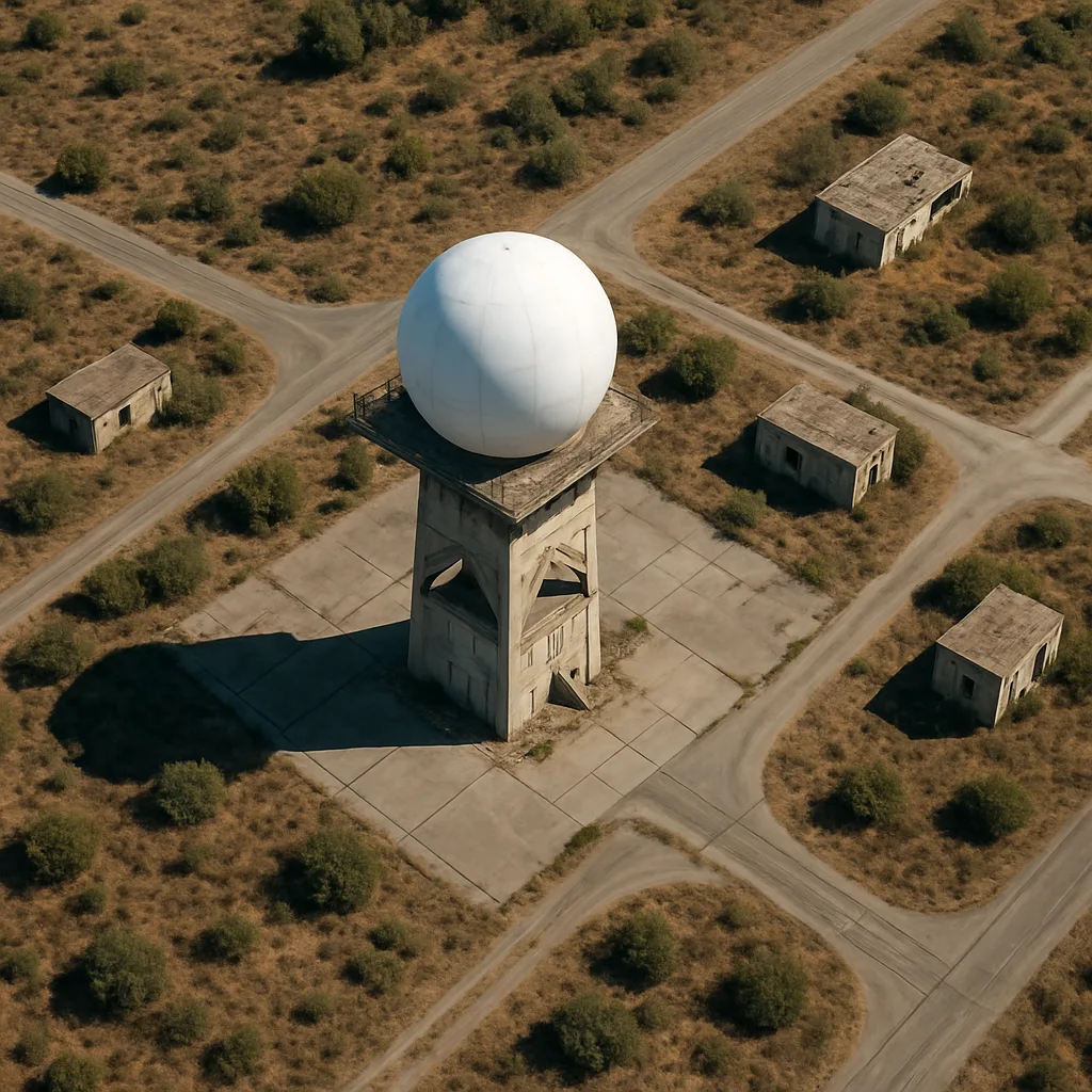 Satellite View of a Radar Tower Surrounded by Sparse Vegetation