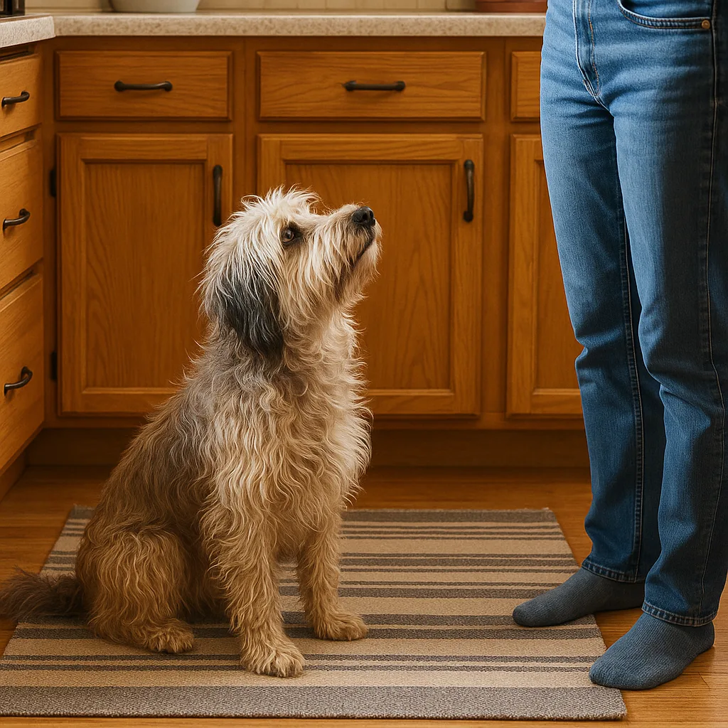 Shaggy Dog Sits on a Striped Rug in Front