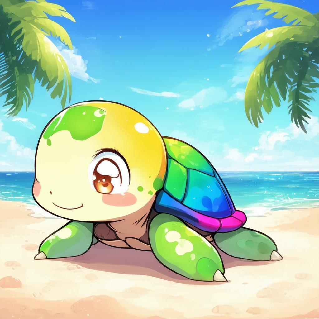 Rainbow Shelled Anime Turtle on Tropical Beach