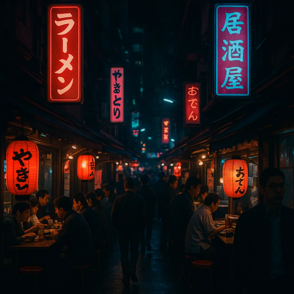 Shadowy Alley in Tokyo Alive with Glowing Neon Signs