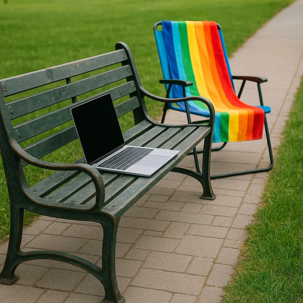 Old Metal Park Bench Supports a Modern Laptop Perched Neatly