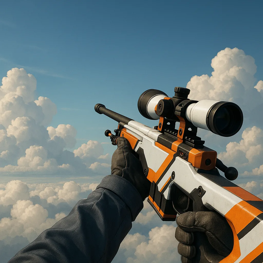 Gloved Hand Holding an Orange and White Sniper Rifle