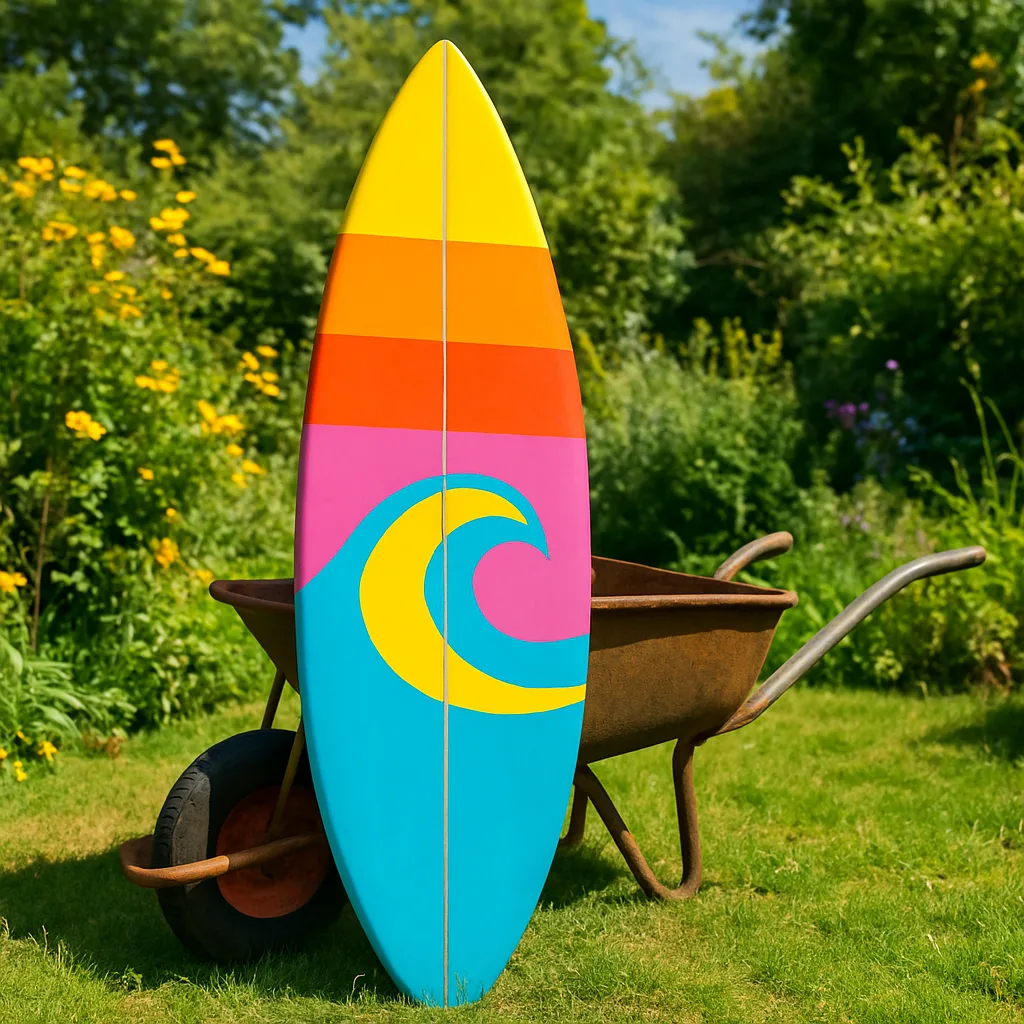 Rusted Wheelbarrow Leans Against a Vividly Painted Surfboard