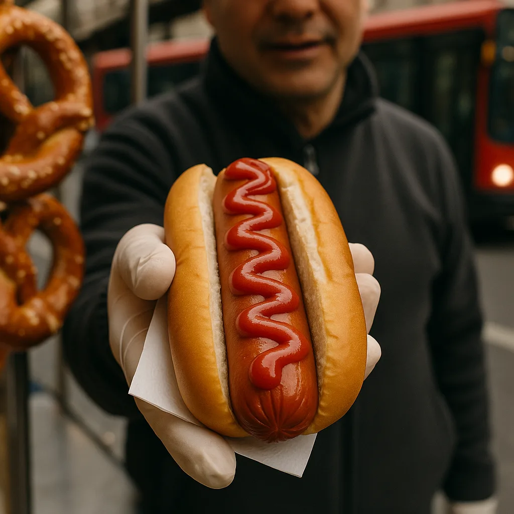Street Vendor Wearing Gloves Is Presenting a Hot Dog