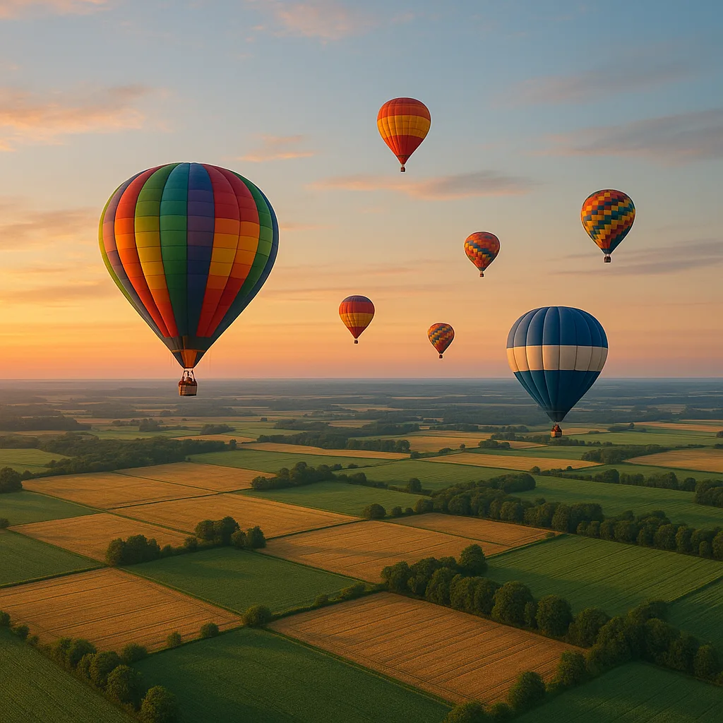 Several Colorful Hot Air Balloons Drift Peacefully over a Vast