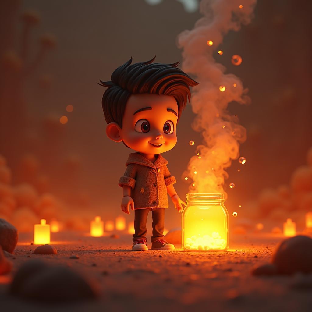 3D Boy Holding a Glowing Ember Jar