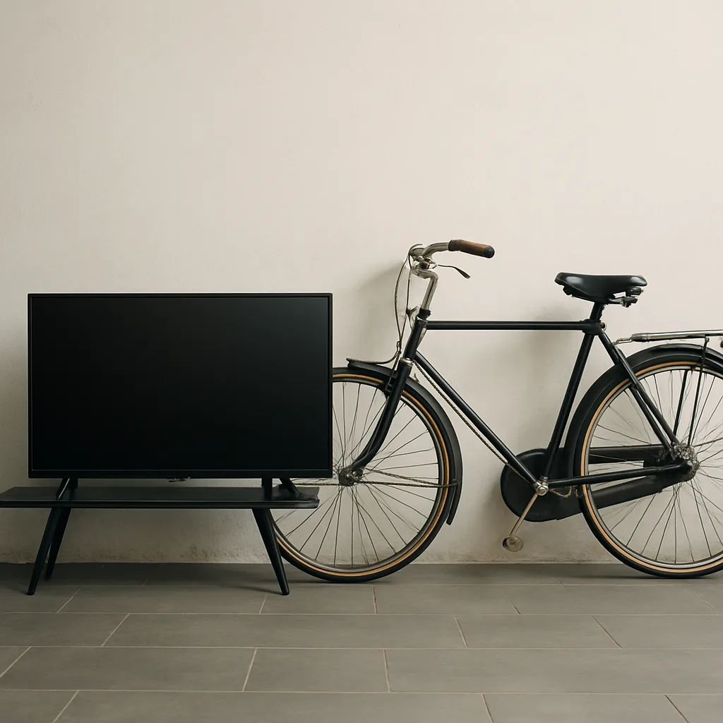 Vintage Bicycle Positioned Beside a Contemporary Television