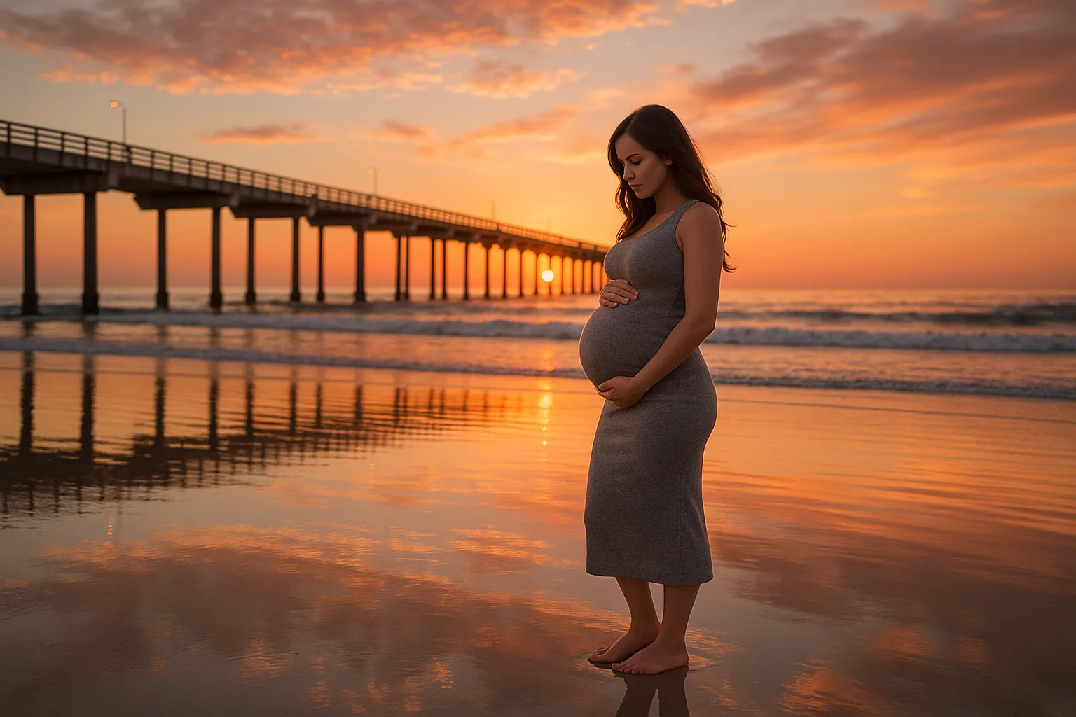 Pregnant Woman in a Fitted Gray Dress Stands Barefoot