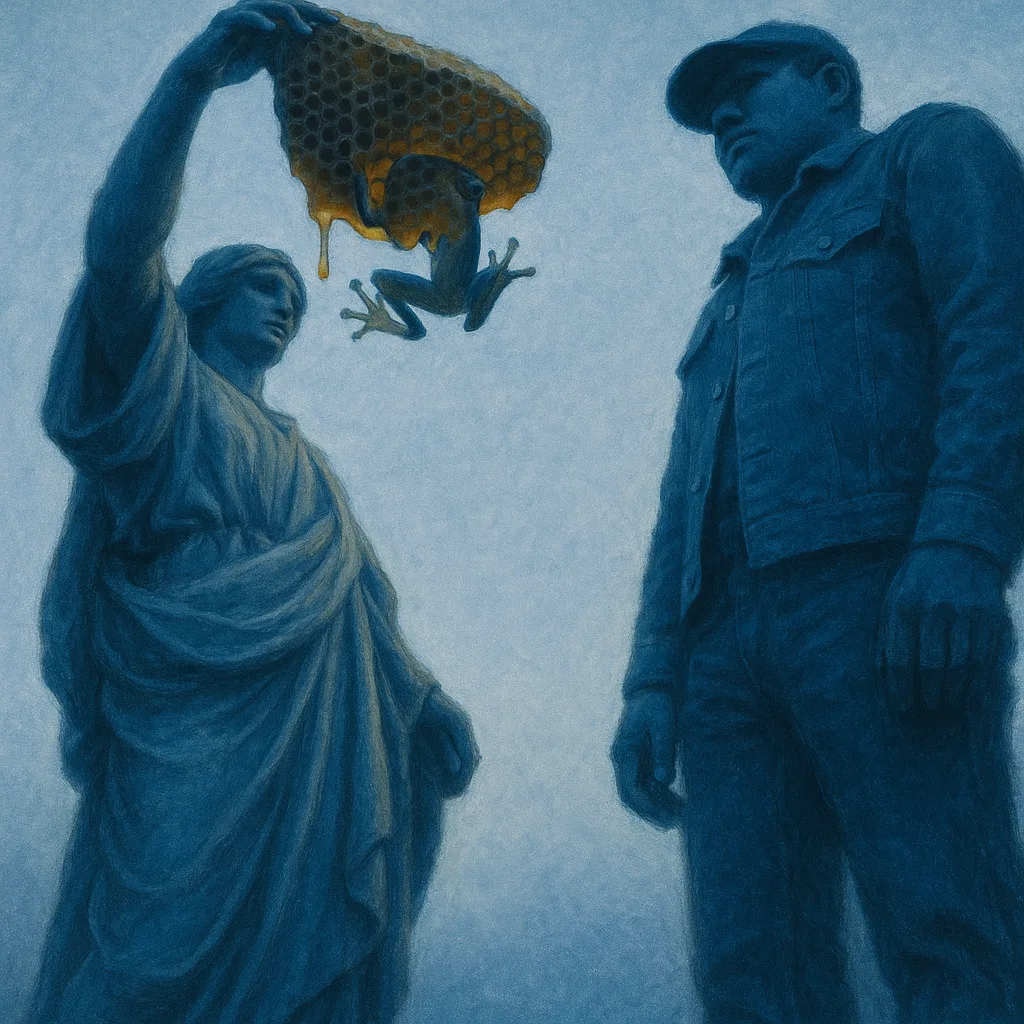 Towering Figure in Classical Drapery Presents a Sticky Honeycomb's Underside