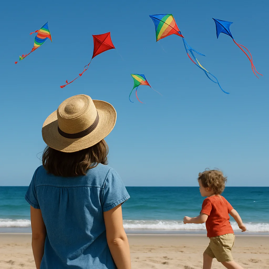 Woman Watches Kites Flying in a Clear Blue Sky