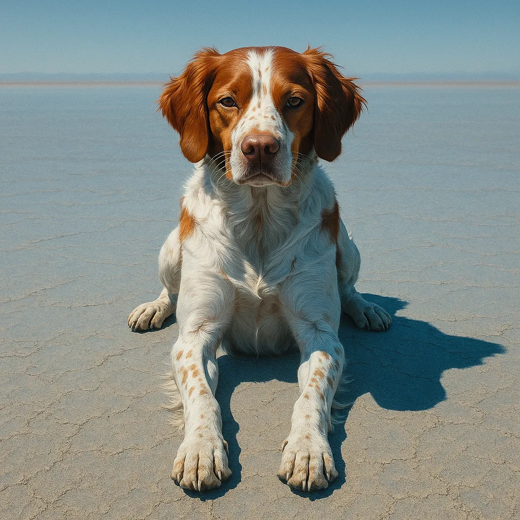 Brittany Spaniel Lies in Symmetrical Top-down Flat Lay