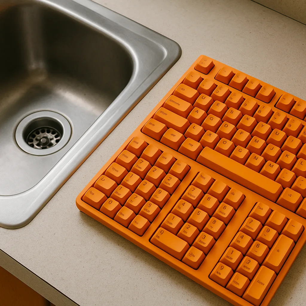 Stainless Steel Sink with an Orange Computer Keyboard Positioned Nearby