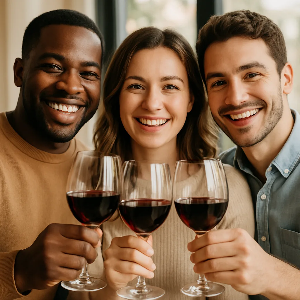 Three Individuals Raise their Wine Glasses in Celebration