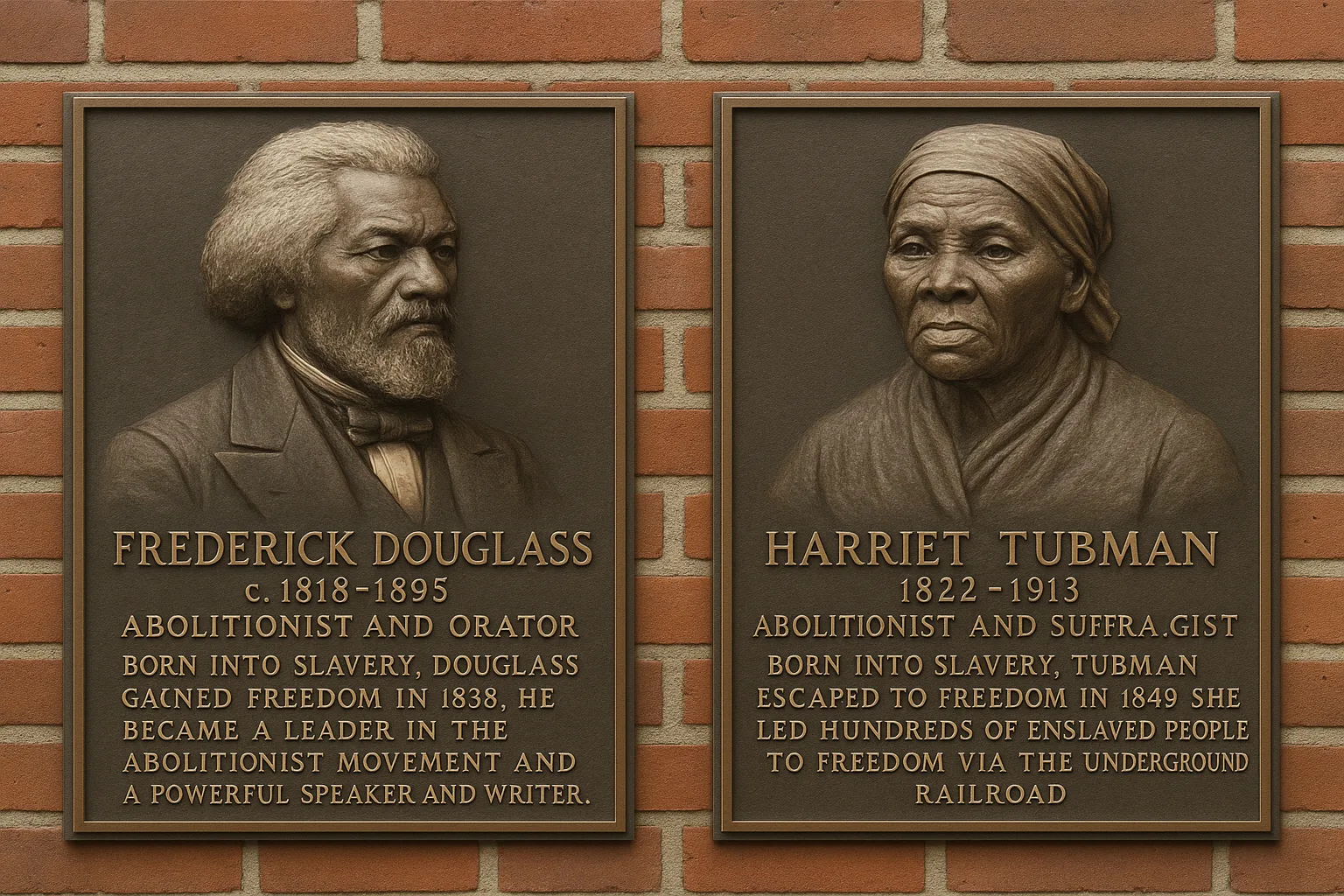Two Plaques on a Brick Wall Featuring Sculpted Busts