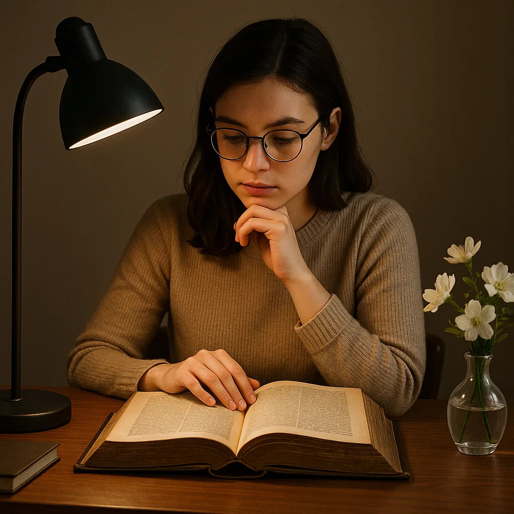 Contemplative Young Woman Wearing Oval-shaped Glasses Focuses Deeply