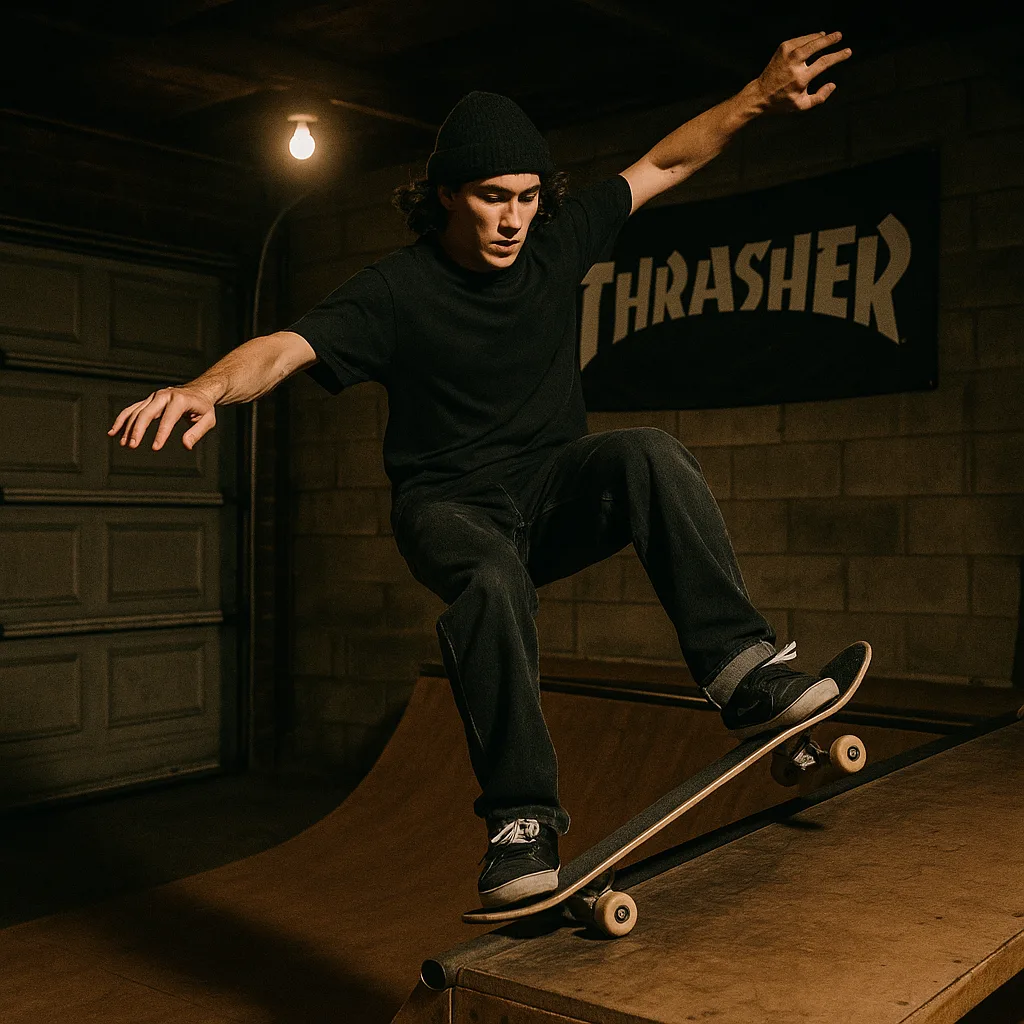 Skateboarder Performs a Grind on an Indoor Ramp