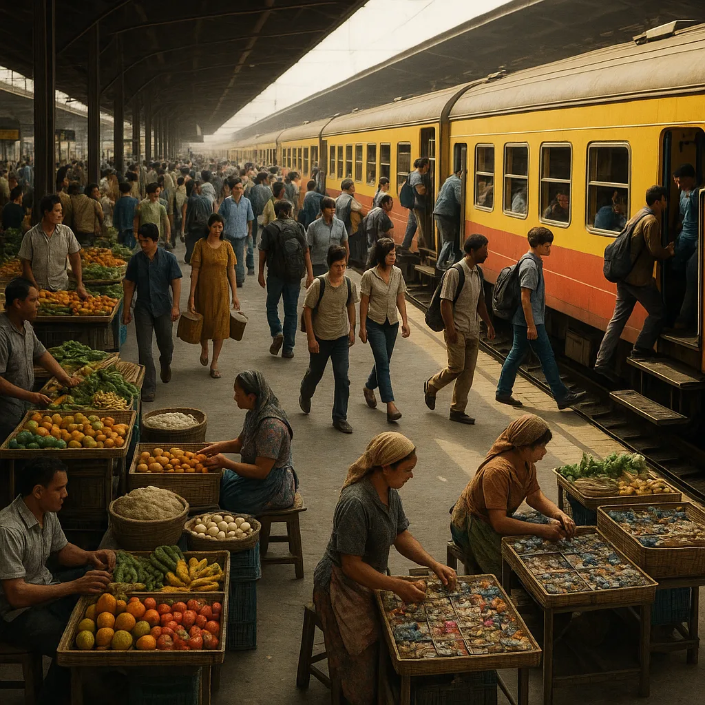 Busy Train Station Platform with People Boarding a Train
