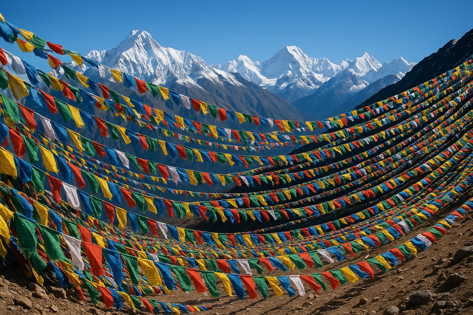 Hundreds of Colorful Prayer Flags Flutter Vigorously on Long Lines