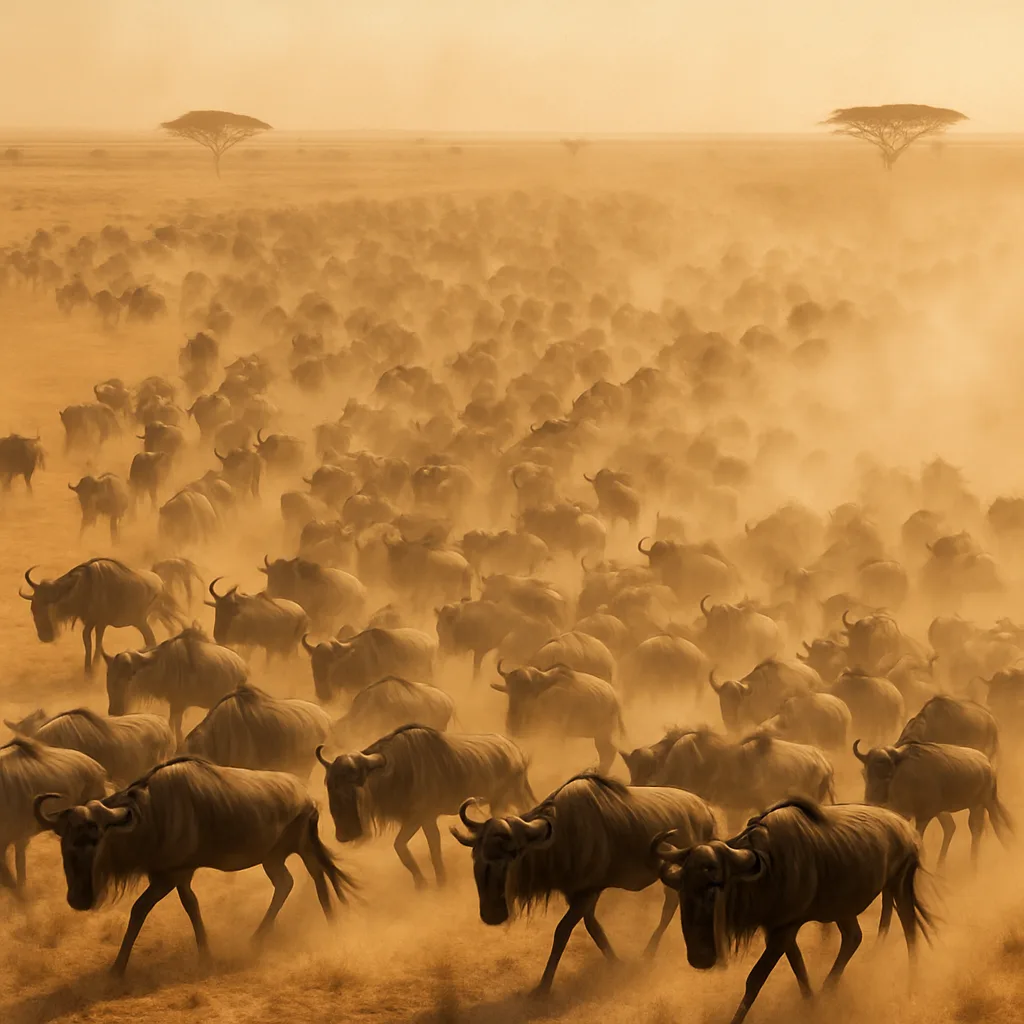Vast Herd of Wildebeest Kicks Up a Massive Dust Cloud