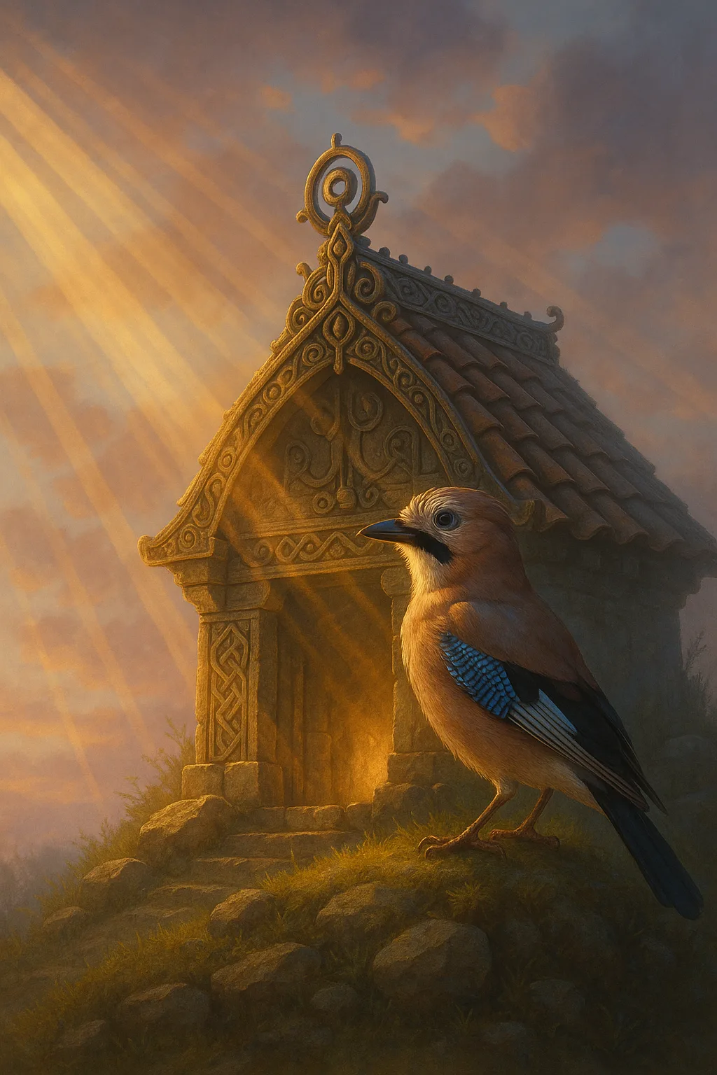 Jay Perches Beside a Tile-roofed Barrow Detailed with Metalwork