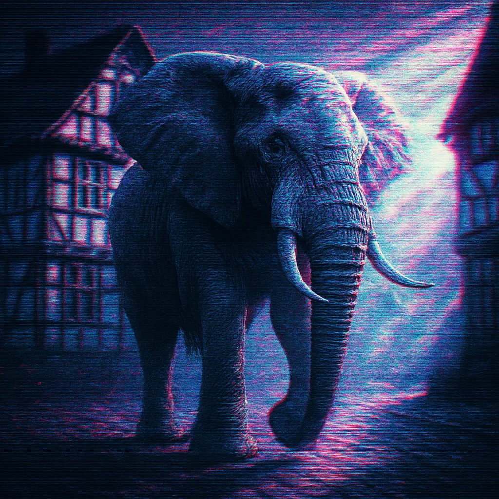 African Elephant Before Quaint Timber-framed Houses